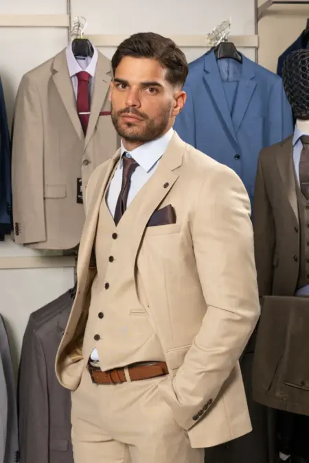 Κοστούμι Μπεζ στενή γραμμή με γιλέκο #123