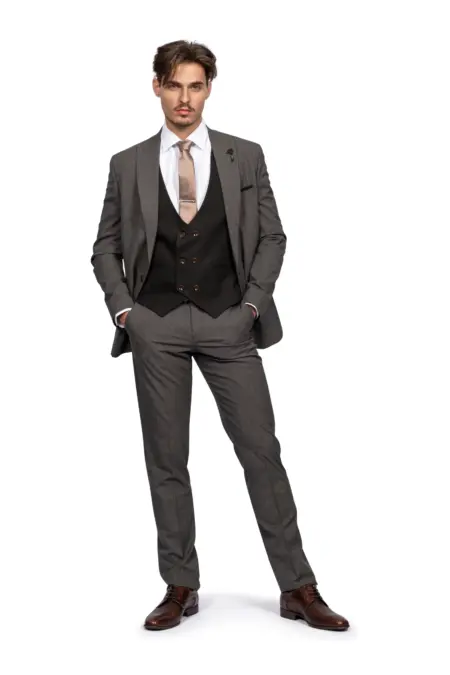 Κοστούμι Ανδρικό Ανοιχτό Καφέ Με Σκούρο Καφέ Γιλέκο 157