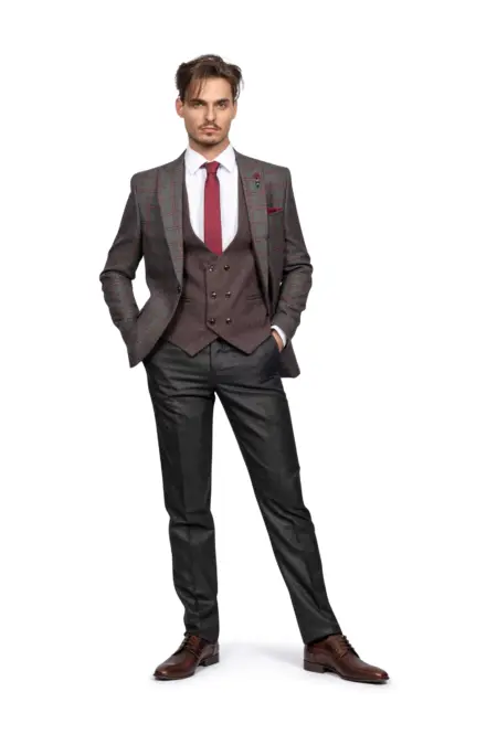 Κοστούμι Ανδρικό Γκρι - Κόκκινο Καρό Με Κεραμιδί Γιλέκο 156