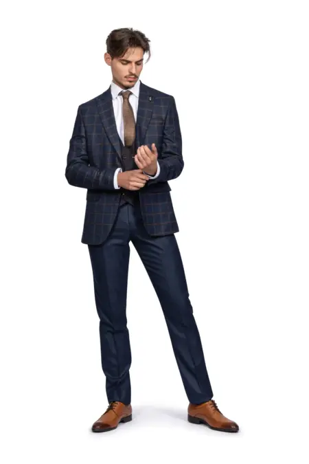 Κοστούμι Ανδρικό Καρό Μπλε - Καφέ Με Καφέ Γιλέκο 161