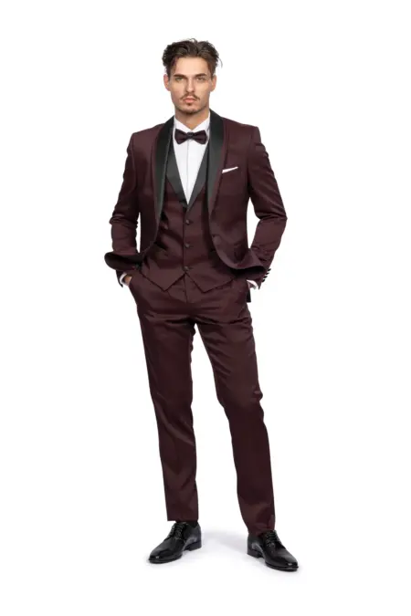 Κοστούμι Ανδρικό Μπορντό Με Στρογγυλό Πέτο Μαύρο Παπιγιόν και Μπορντό Γιλέκο 170