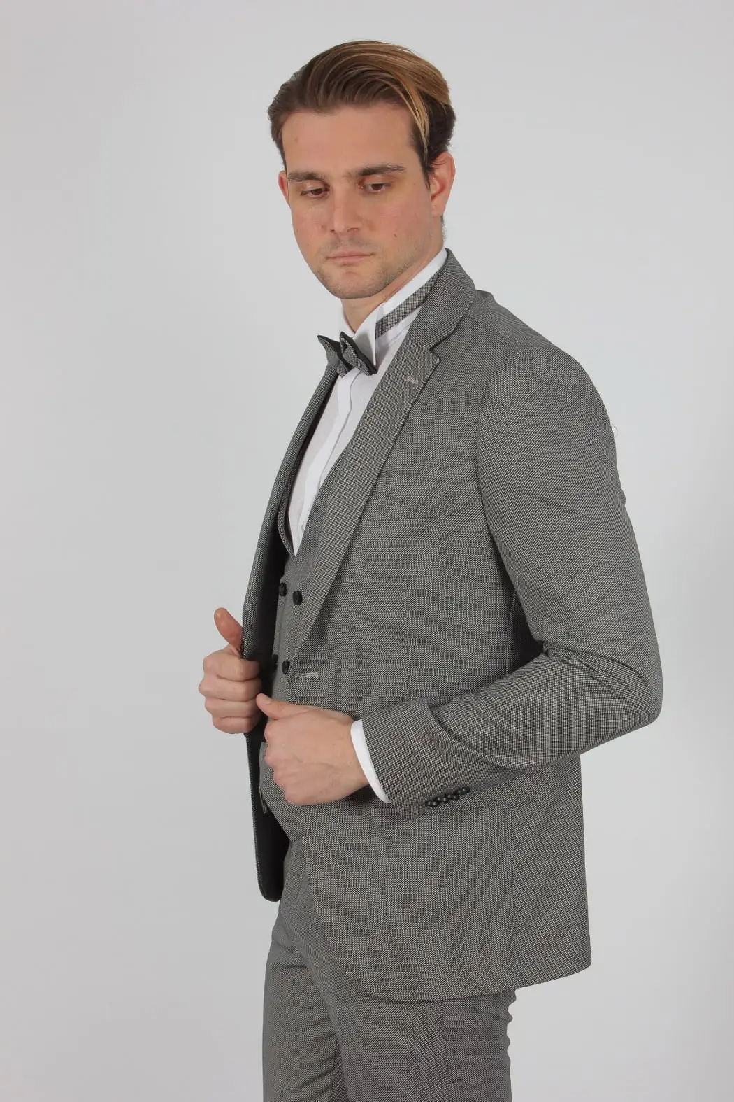 Γαμπριάτικο Slim Fit Κουστούμι Senso Diverso Γκρι Μικροσχέδιο 303-04