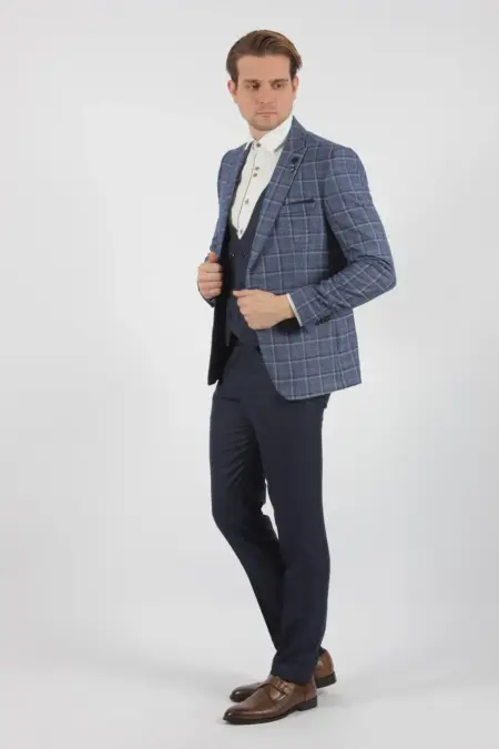 Ανδρικό Slim Fit Σακάκι σε Μπλε Καρό Kapralos Noble