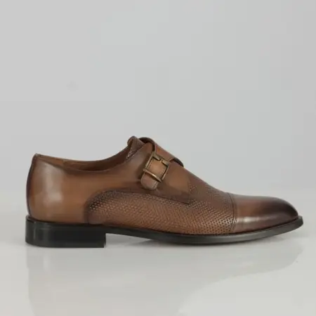 Ανδρικό Δερμάτινο Παπούτσι Monk Strap Diamond Pattern Καφέ J906