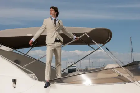 Ανδρικό Γκρι Κοστούμι Μπεζ Στενή Εφαρμογή S24-53