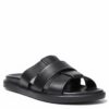 Open-toe black slide sandal with three wide leather straps and a cushioned footbed.