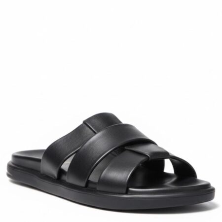 Open-toe black slide sandal with three wide leather straps and a cushioned footbed.
