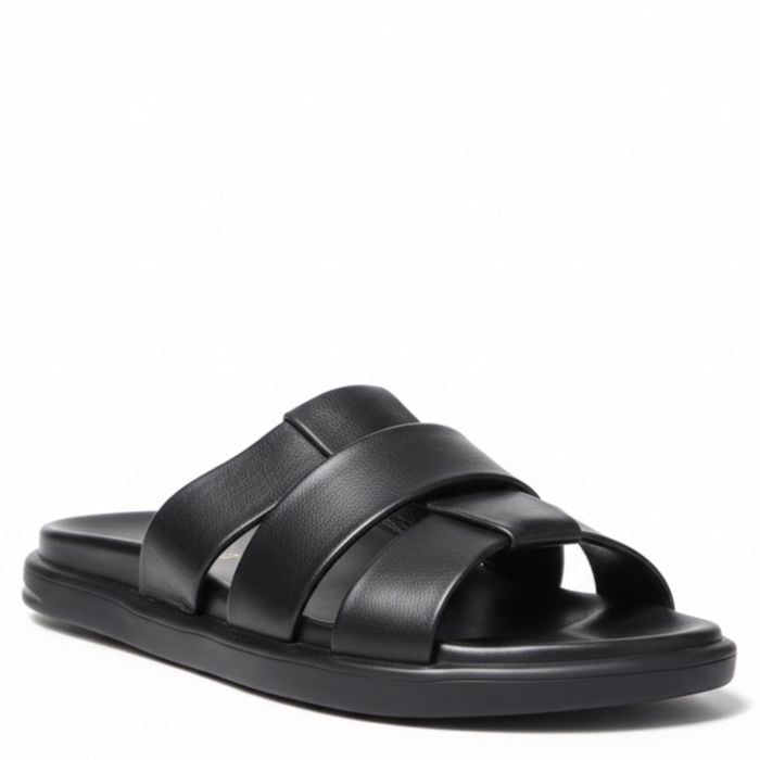 d87bfb5917c2721dc8342e0dad87fcbe_1-4jpg - Noble Open-toe black slide sandal with three wide leather straps and a cushioned footbed.