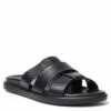 Black three-strap slide sandal with a cushioned sole on a white background.