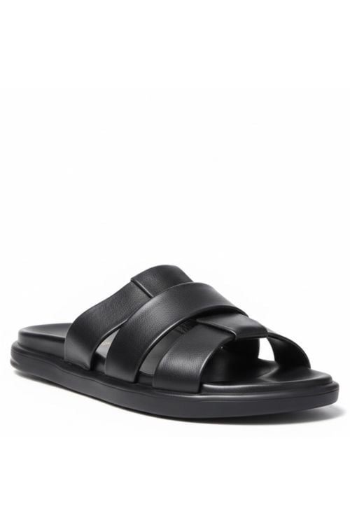 d87bfb5917c2721dc8342e0dad87fcbe_1-5jpg - Noble Black three-strap slide sandal with a cushioned sole on a white background.