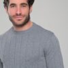 Portrait of a man with dark hair and stubble wearing a gray ribbed short-sleeve sweater against a light gray background.