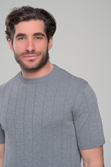 Man with dark hair and stubble wearing a gray ribbed knit short-sleeve sweater, looking at the camera.