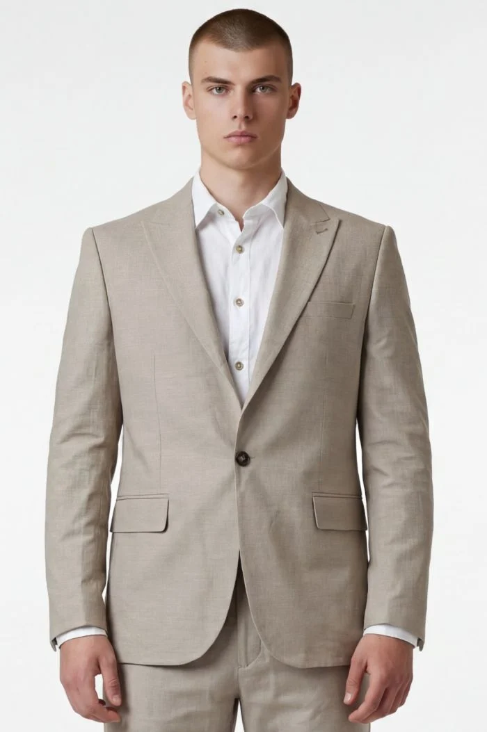 Man wearing a light beige suit with a white dress shirt, standing against a plain light background.
