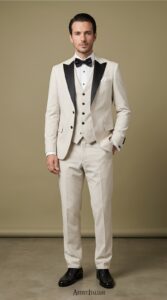 IMG-adae984b24c5348228849714f642cb38-V 1 - Noble Man wearing a cream tuxedo with black satin lapels, bow tie, and pocket square, standing against a beige backdrop.