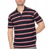 Man modeling a navy polo shirt with red and white horizontal stripes, standing with one hand on his hip against a white background.
