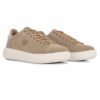 Beige suede Nautica sneakers with a white rubber sole, shown in a three-quarter view and front lacing.