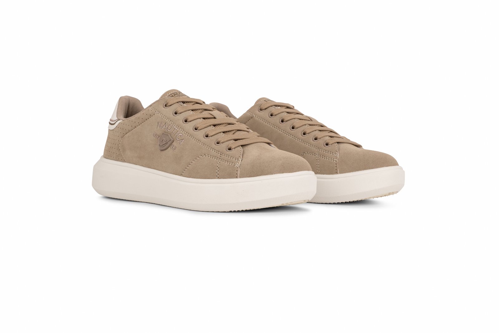 IMG_4929jpg - Noble Beige suede Nautica sneakers with a white rubber sole, shown in a three-quarter view and front lacing.