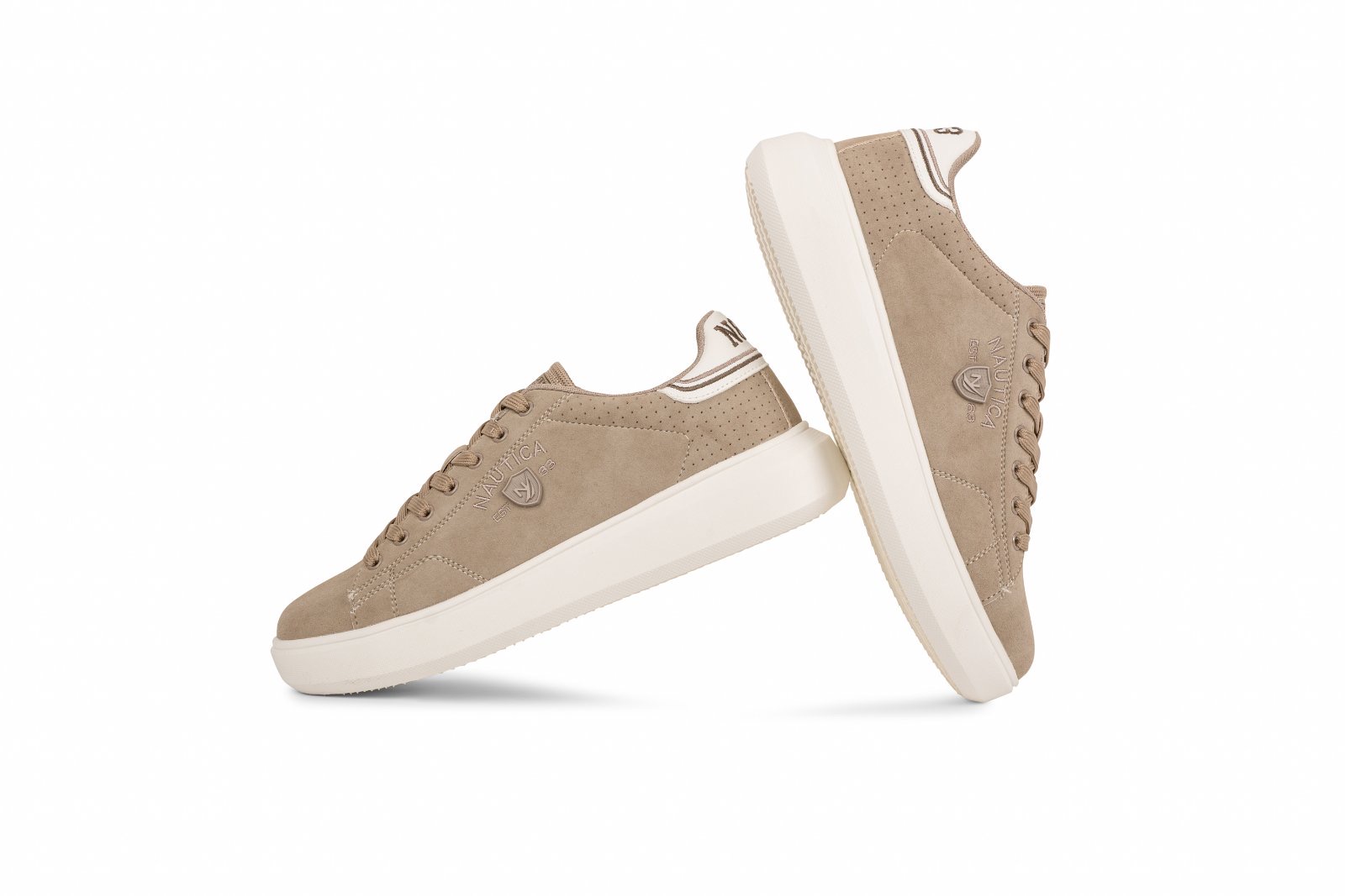 IMG_4944jpg - Noble Beige suede low-top sneakers with white rubber sole, laced up, Nautica branding on side and heel