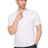 Man wearing a white polo shirt with a small logo, posing with one hand at the collar against a white background.