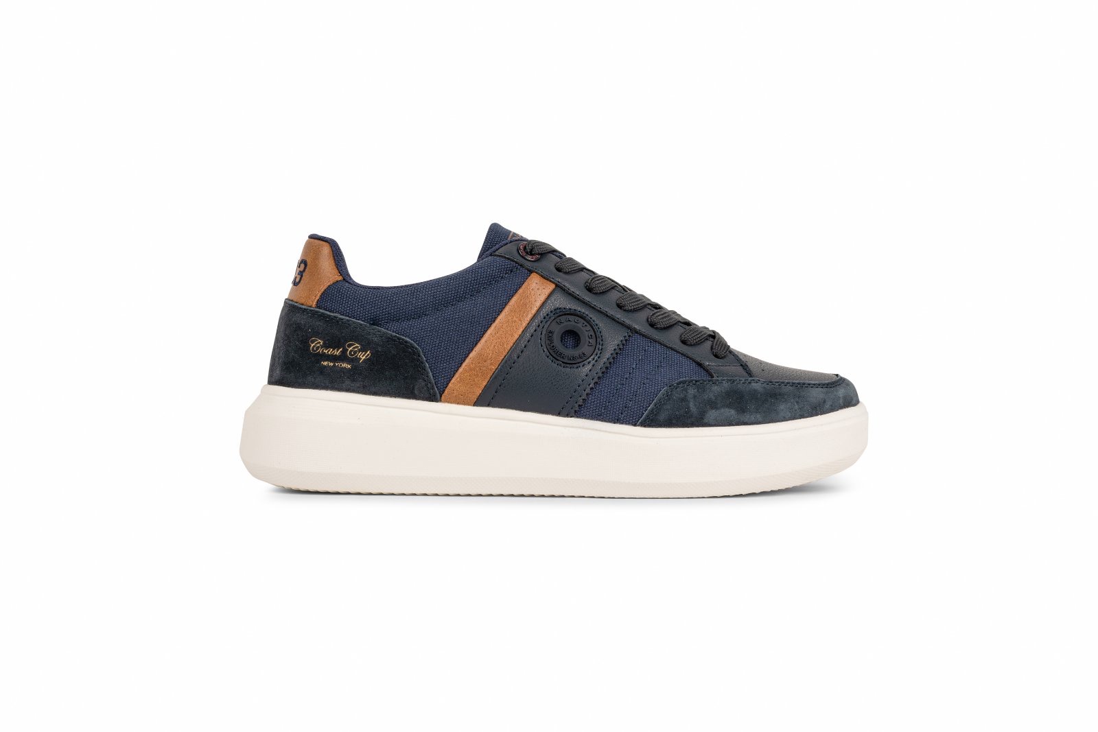 IMG_4970jpg - Noble Navy blue sneaker with brown leather accents and a thick off-white sole.