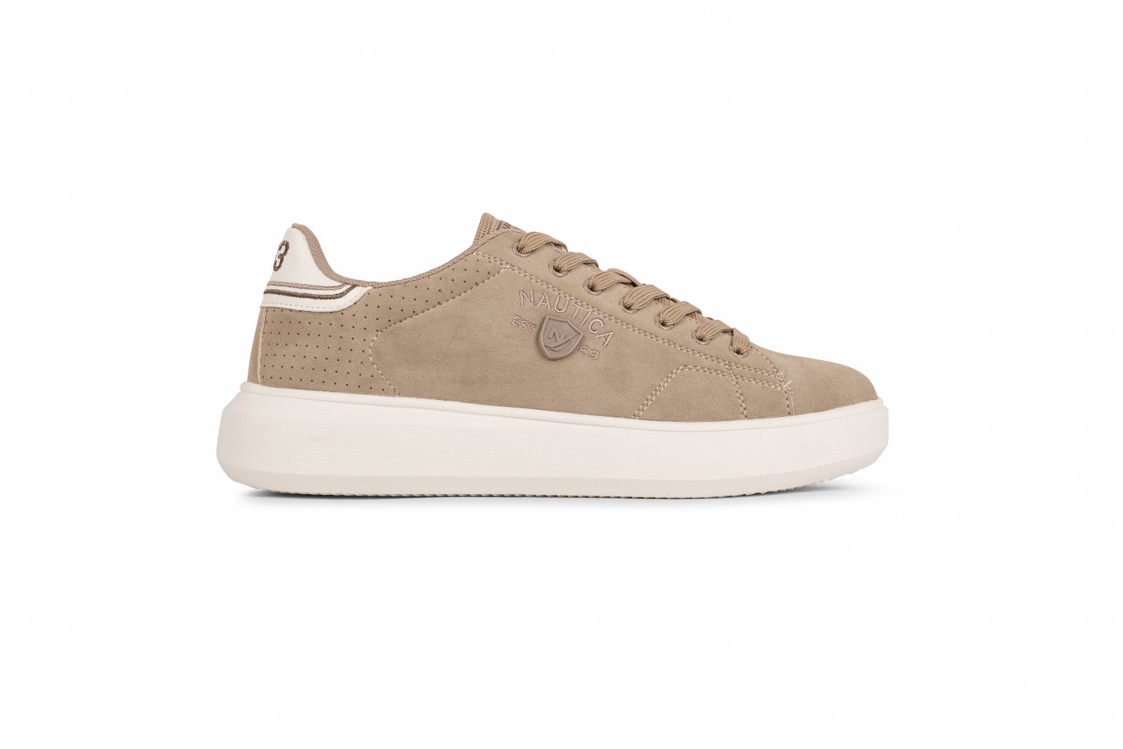 IMG_4975jpg - Noble Beige suede Nautica sneaker with perforated heel panel and thick off-white midsole, side logo visible.