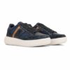 Pair of navy blue sneakers with a brown stripe and white sole, shown side by side.