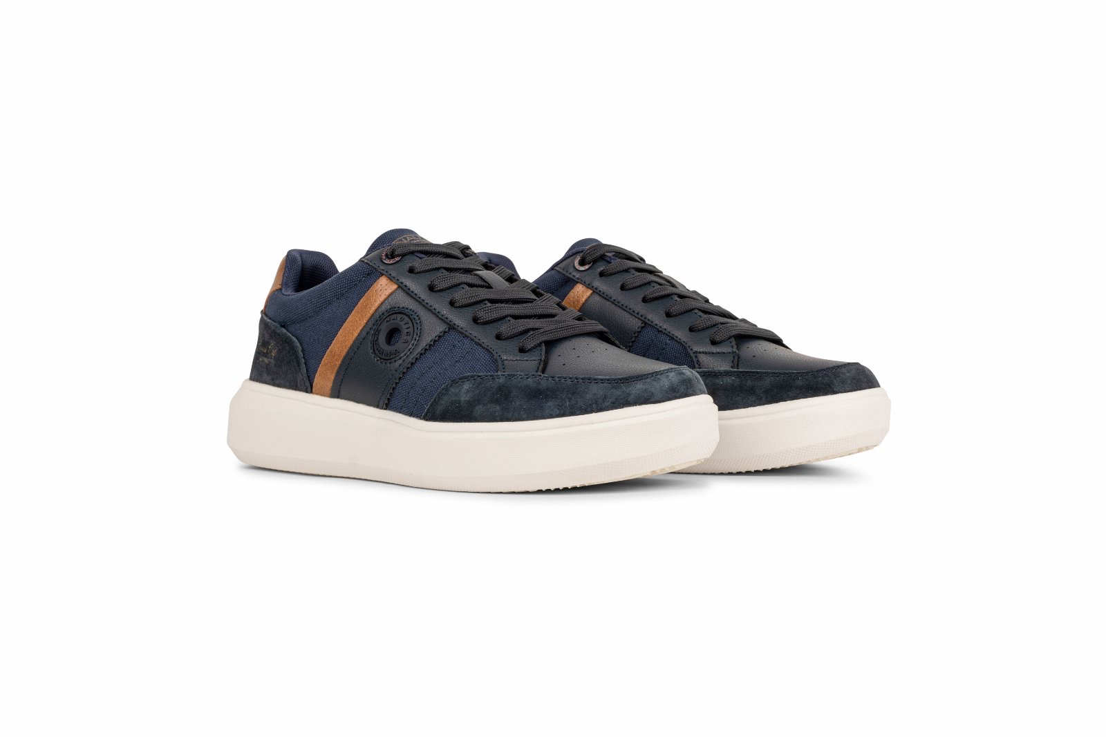 IMG_5045jpg - Noble Pair of navy blue sneakers with a brown stripe and white sole, shown side by side.
