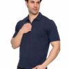 Man wearing a navy polo shirt, looking to the side with one hand near his chest against a white background.