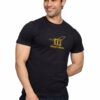 Male model wearing a black Henry Cottons T-shirt with a yellow logo of three figures holding a surfboard.