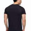 Back view of a man wearing a plain black short-sleeve T-shirt, standing against a white background.
