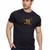 Male model wearing a black T-shirt with a yellow Henry Cotton's logo on the chest (three surfers with a board).