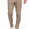 Man wearing taupe chinos with a woven black-and-white belt and white sneakers.