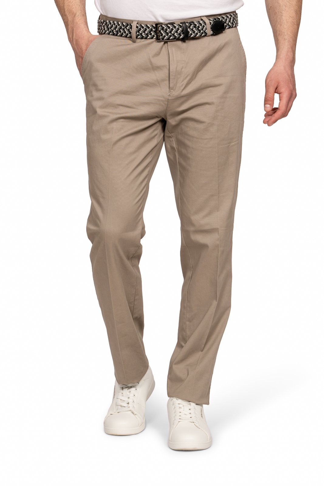 IMG_5139jpg - Noble Man wearing taupe chinos with a woven black-and-white belt and white sneakers.