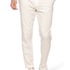 Man wearing light beige chinos with cuffs, blue striped shirt, and white sneakers; casual smart outfit from the waist down to feet.