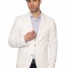 Man in a light blue dress shirt and white blazer posing with one hand on the lapel.